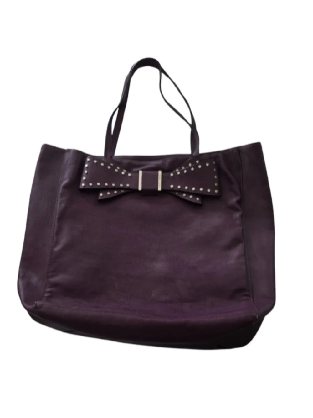 Betsey Johnson Tote Large Plum Purple Bag Silver Studded Bow Faux Leather Purse